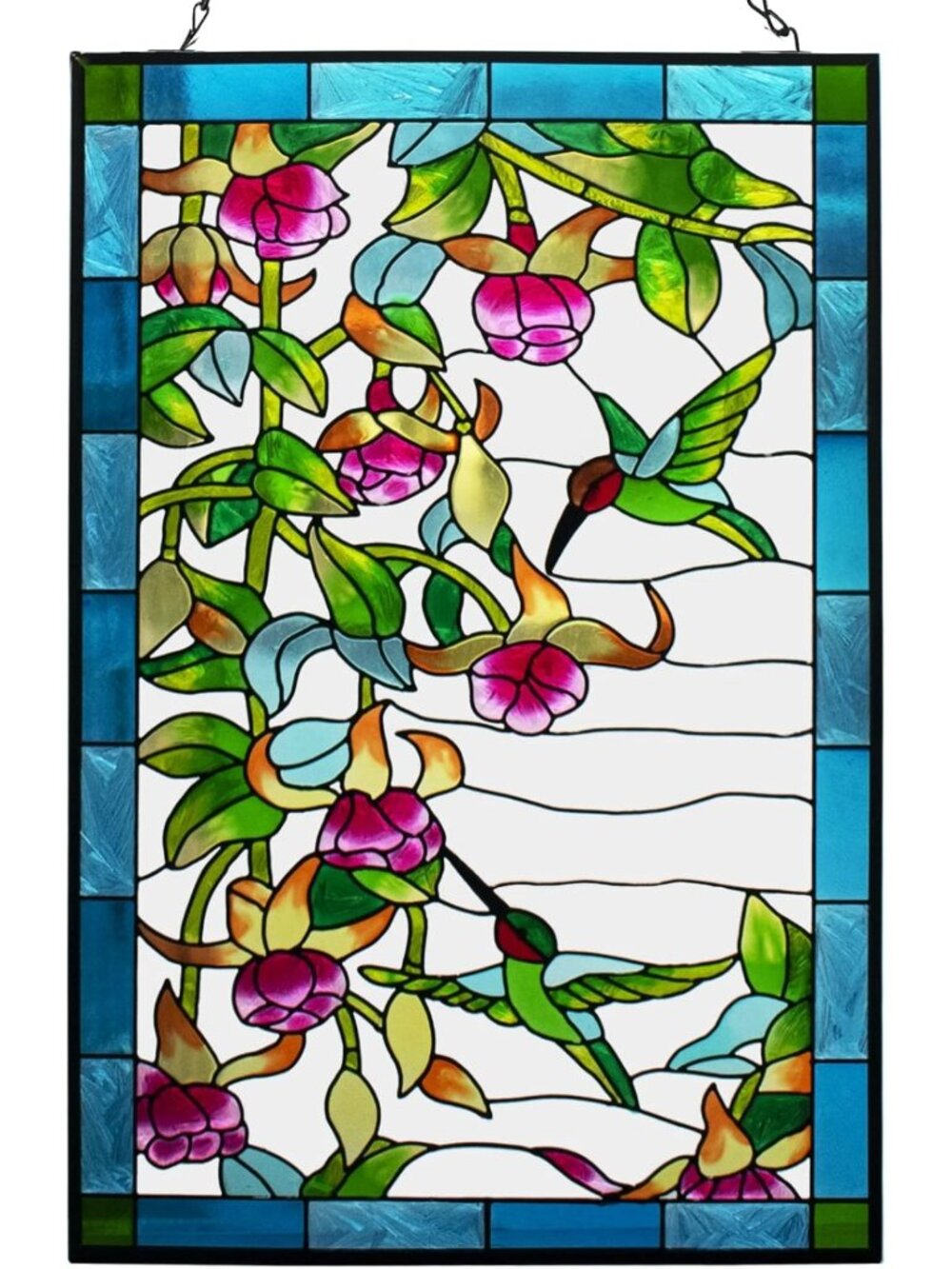 Stained Glass Hummingbird Suncatcher Panel, 10x15 Inch Window Hanging Decor
